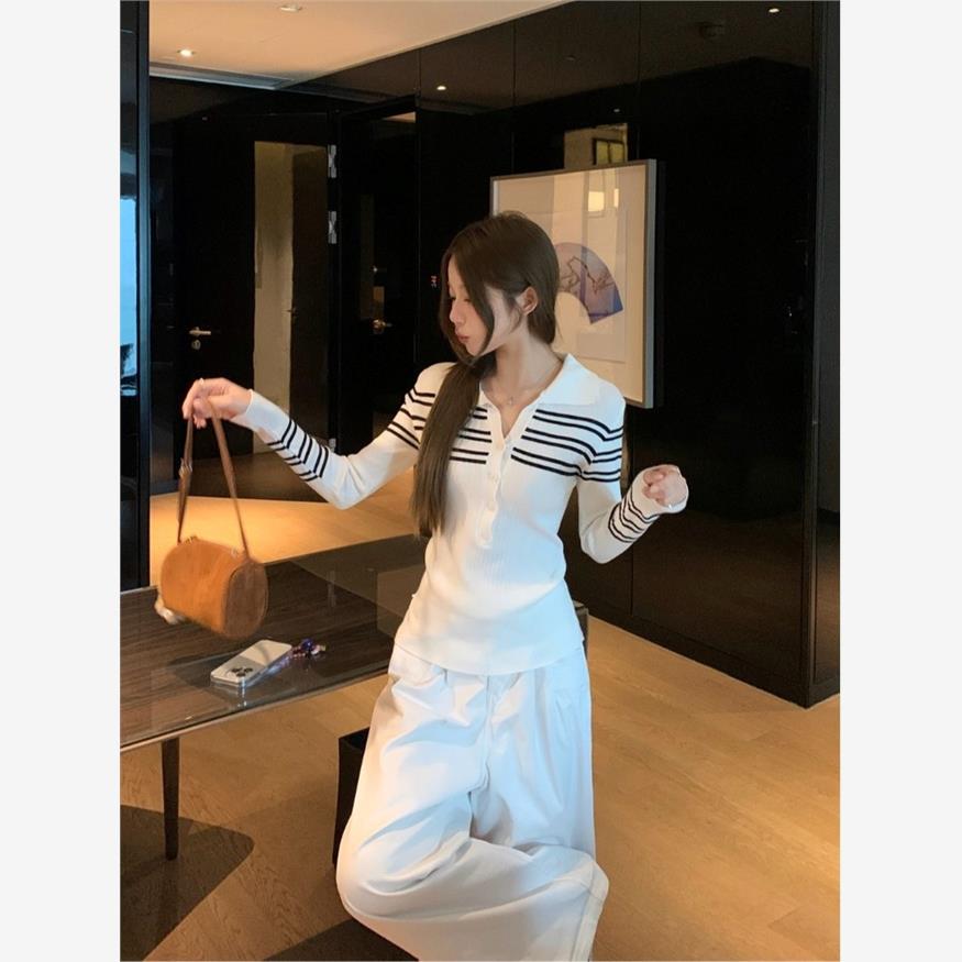 色块条纹针织女式长袖底