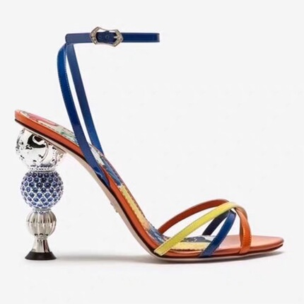 D Brand 2025 New Style Rhinestone Round Heel Irregular Heel Women's Sandals Genuine Leather Cross Strap Thin Strap High Heels Large Size Women's Shoes