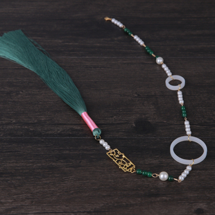 古风汉服背云腰链禁步多用玉石琉璃长流苏绿檀璎珞配件超长背云