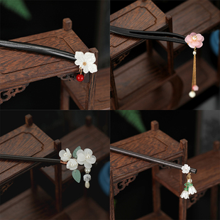 汉服头饰超仙古典清雅山茶发钗旗袍配饰简约通勤古风发饰女