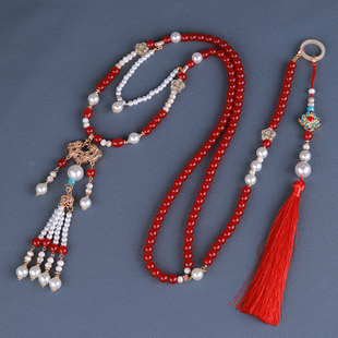 明制汉服压襟配饰长背云璎珞国风饰品挂件马面裙流苏红色旗袍项链