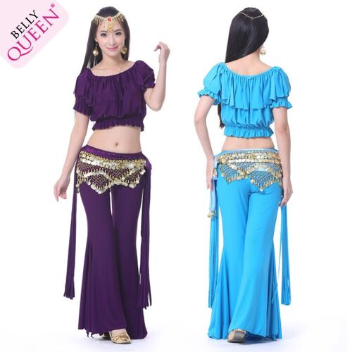 Bellydance印度肚皮舞套装特价练习服弹力水晶棉泡泡短袖流长苏裤