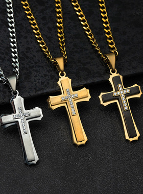 双层立体镶钻十字架吊坠朋克潮男钛钢项链毛衣链配饰