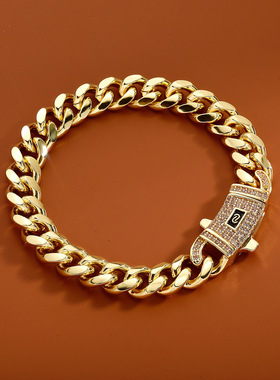 不锈钢古巴链钛钢男女款六面磨嘻哈风粗链子电镀不掉色