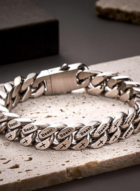 12mm宽钛钢刻字古巴手链嘻哈男士拉丝手链不锈钢四面磨费加罗