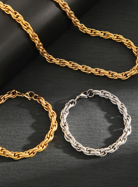 不锈钢龙虾扣潮流古巴链欧美小众简约麻花链个性街头项链手链