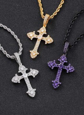嘻哈士十字架吊坠紫色锆石个性简约潮牌网红女嘻哈饰品