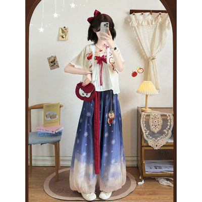 江南芸原创白雪姬汉服女改良短衫吊带花苞裤日常夏可爱闺蜜套装