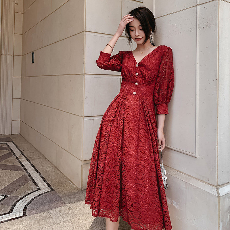 好货敬酒服新娘订婚裙子红色礼服婚宴蕾丝女结婚衣服v领平时可穿