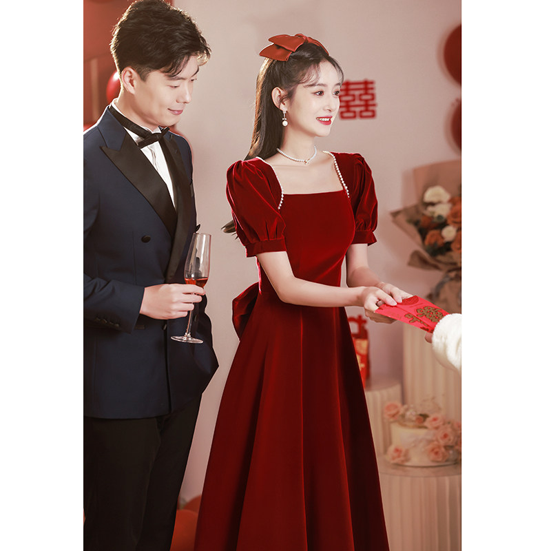 敬酒服2023新款新娘酒红色平时可穿订婚礼服夏季裙子小个子连衣裙_虎窝淘