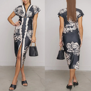 hip dress slit cut low printed sexy hugging Women neck