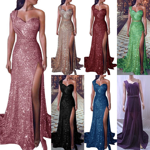 women's sexy one shoulder hot gold long evening gown 礼服裙