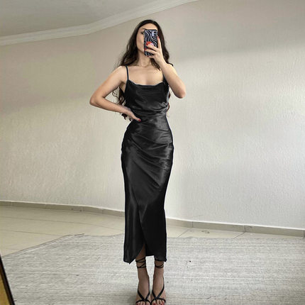 satin camisole long dress slit and backless design 连衣裙
