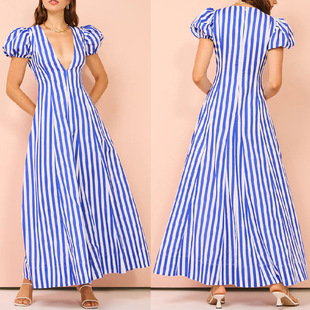 striped bubble sleeve swing fashionable large dress neck