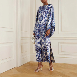 white porcelain loose dress neck blue one women printed