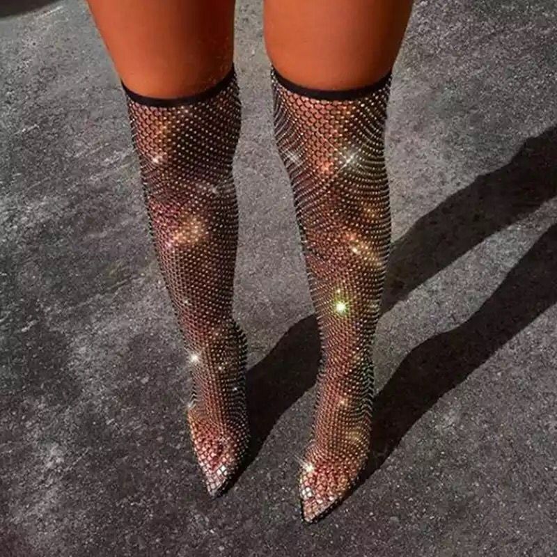 rhinestones, pointed toes, high heels, long socks boots