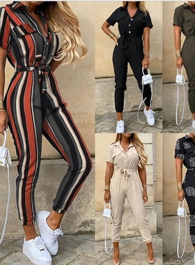 Women's casual lapel printed waistband workwear jumpsuit
