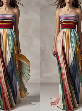Sexy strapless printed colorful long skirt dress 彩色连衣裙