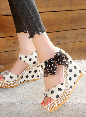 Slope heeled women's sandals with fruit pattern high heels