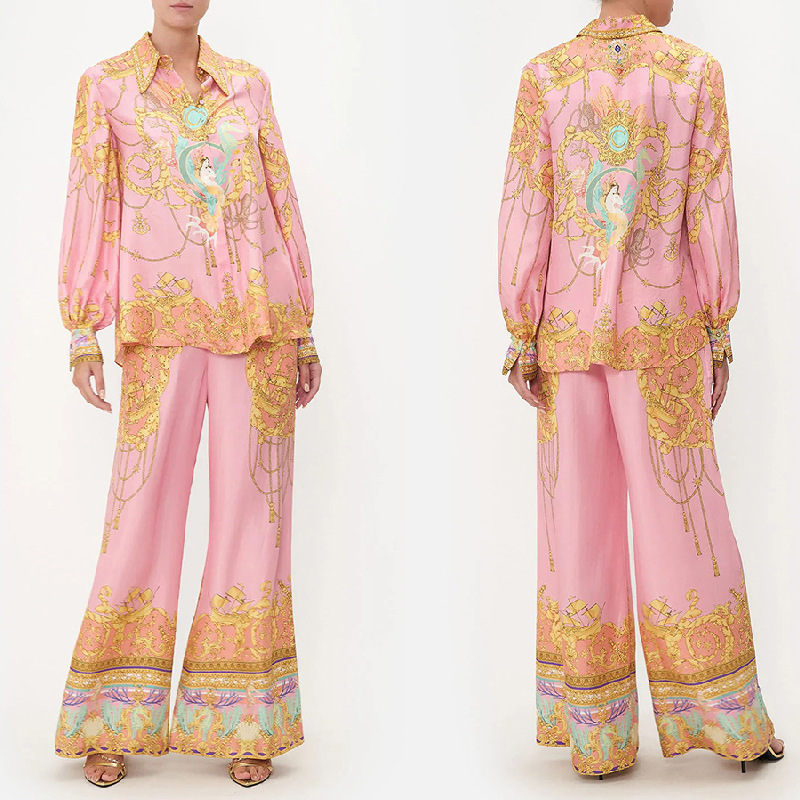 long sleeved pink printed shirt long pants two-piece set