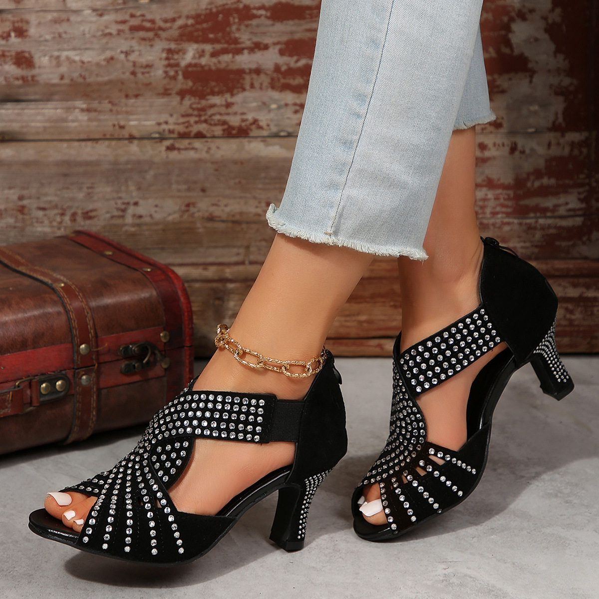Rhinestone high-heeled sandals, plus size thick heel sandals