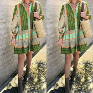 seven quarter sleeved Printed skirt linen short dress cotton