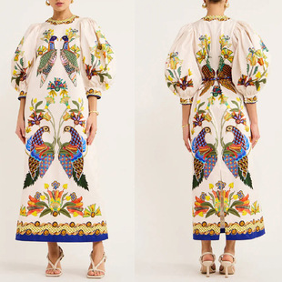 quarter sleeve round Printed dress seven neck 连衣裙 peacock