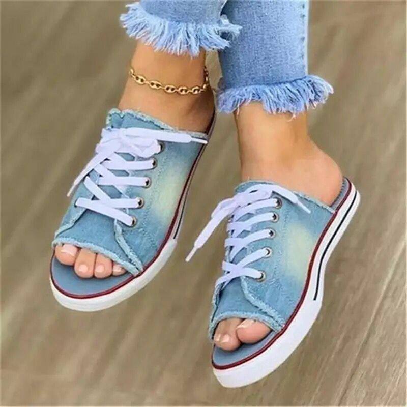 Fish mouth denim lace up casual flat bottomed women sandals