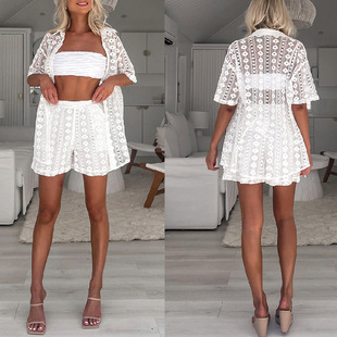 two lace 两件套装 set piece sleeve short hollow white Casual