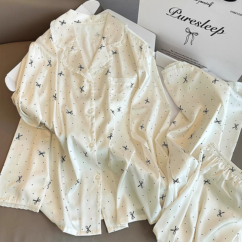 甜美蕾丝边冰丝波点睡衣女春秋长袖爆款蝴蝶结夏日家居服套装