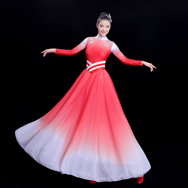 盛开现代舞灯火里的中国舞蹈演出服装开场舞大摆裙大合唱表演服饰_虎窝淘