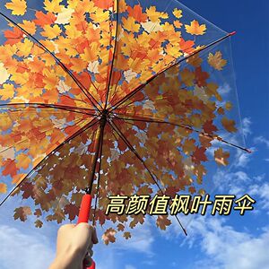 高颜值枫叶雨伞公主伞网红创意蘑菇伞长柄透明雨伞大号树叶雨伞