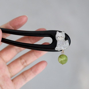 【哈基米】可爱猫咪U型发簪盘发钗子小猫日常百搭发饰黑檀木通勤