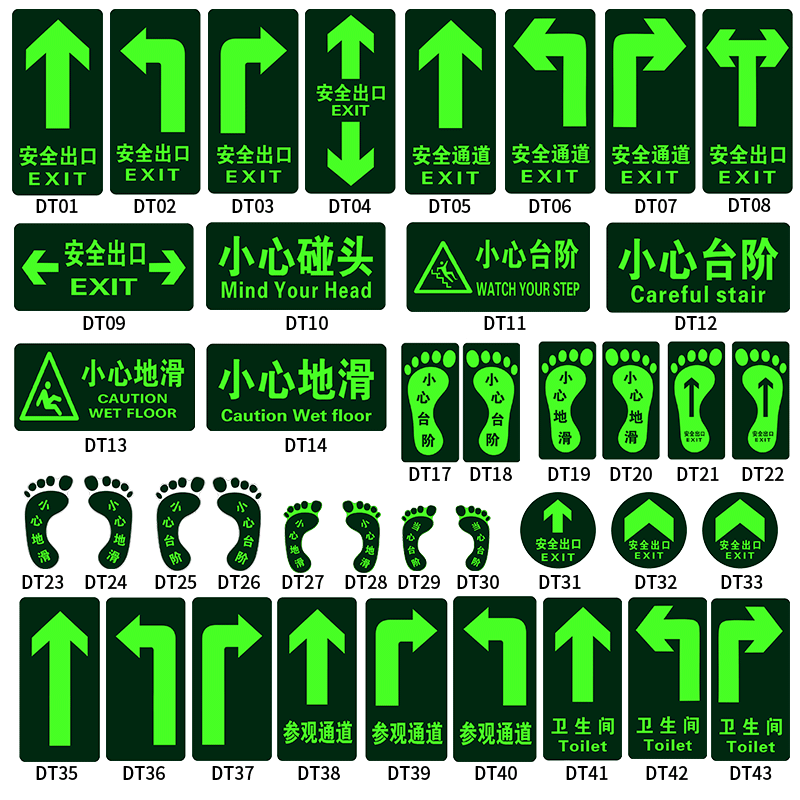 圆形夜光地贴安全出口标志指示牌当心疏散指示逃生紧急通道地标自发荧光直行箭头楼梯地面标识标志牌pvc定制