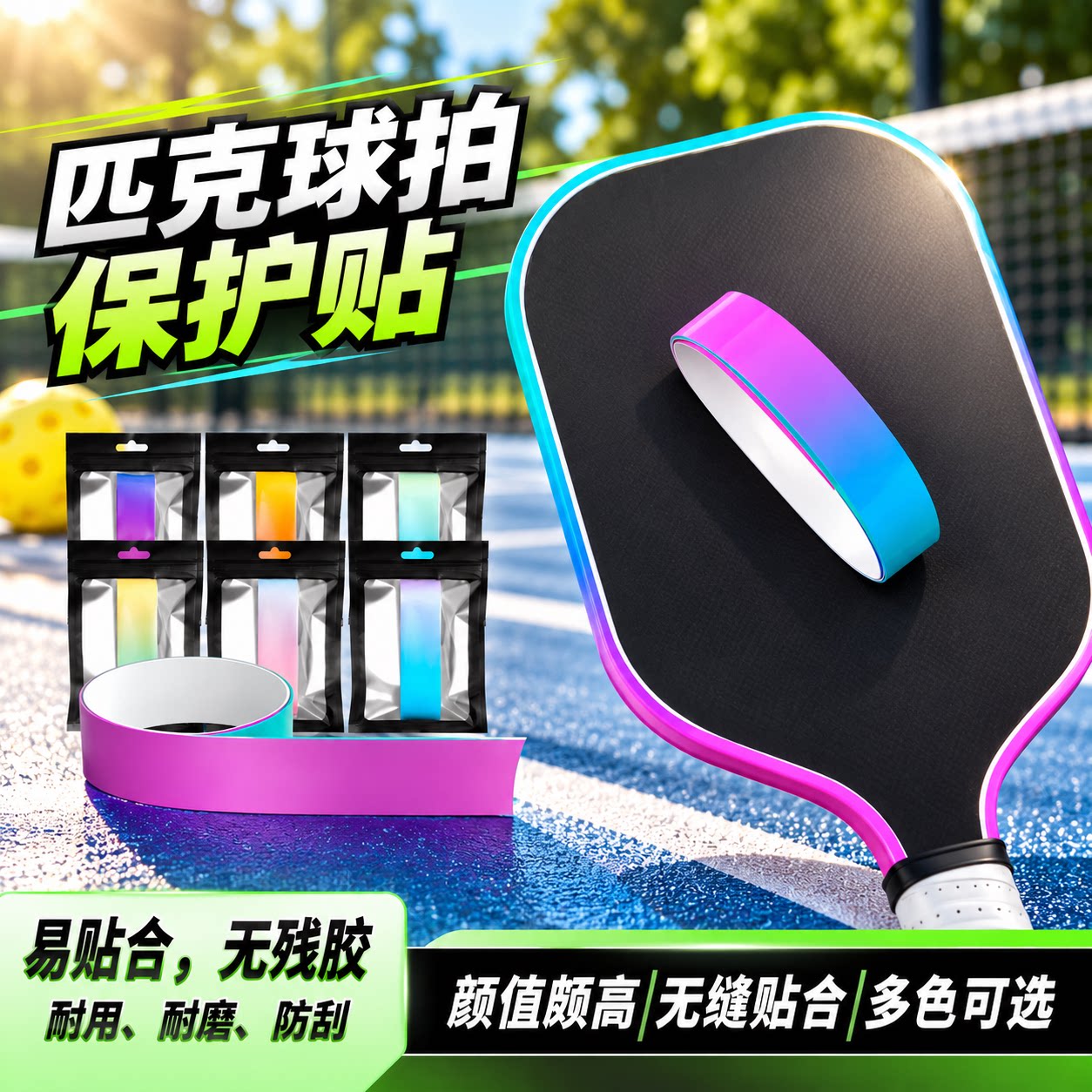 匹克球拍全包边框保护贴多色渐变