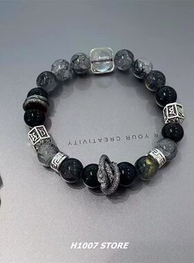 黑色双层山鬼系列串珠高颜值黑曜石系列盘龙琉璃渐变手链ins风