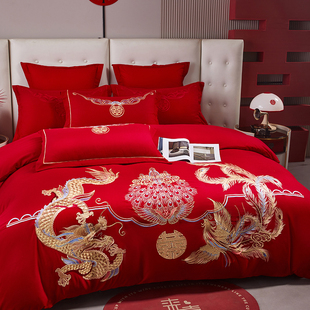 中式 婚庆床单四件套全棉喜庆结婚床上用品纯棉大红床单被套新婚
