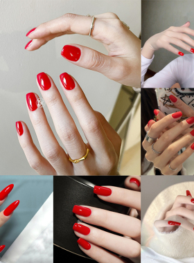 纯手工穿戴甲短款纯色大红色正红色显白性感新年过年新娘美甲贴片