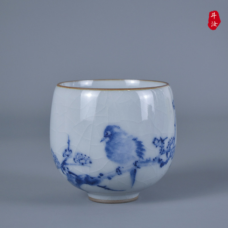 八大山人花鸟青白瓷汝窑开片手绘纯手工青花主人杯景德镇陶瓷茶杯