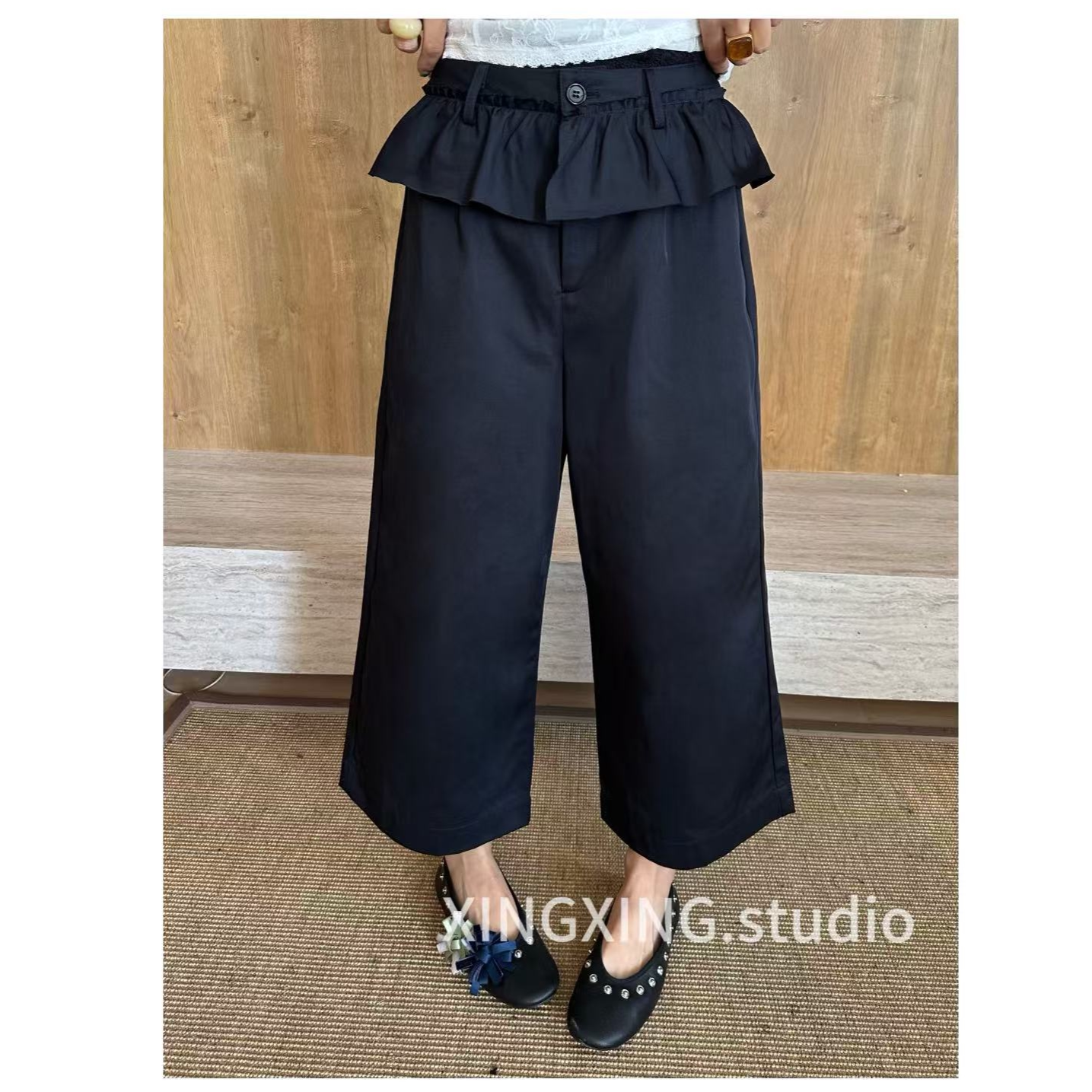 X.x.新款气质花边休闲裤女宽松显瘦优雅蓬蓬裙腰八分阔腿裤子490