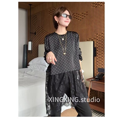 X.x.春季新款不规则假两件蕾丝拼接休闲宽松显瘦百搭上衣5576