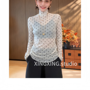 X.x.007冬网纱高领打底衫新款女冬修身波点内搭长袖t恤薄款上衣