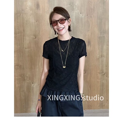 X.x.钩花镂空蕾丝t恤女短袖新款休闲百搭洋气打底衫上衣487