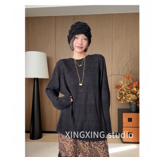 X.x.法式温柔圆领长袖提花蕾丝打底衫时尚显瘦气质时髦上衣5538