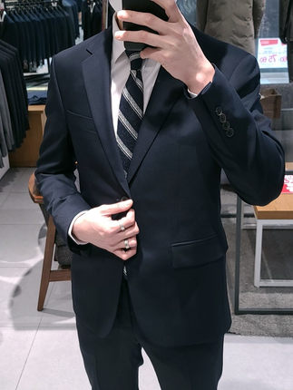 韩国TRUGEN品牌商务休闲修身羊毛男士藏蓝色马甲三件西服套装