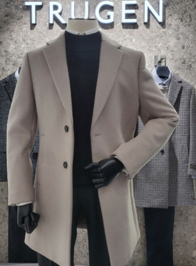 韩国TRUGEN品牌秋冬 雾霾灰色 牛角扣手工珠针修身羽绒羊绒大衣01