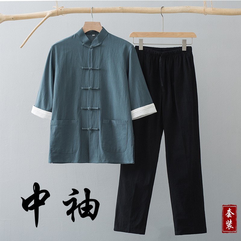 夏季薄款短袖男唐装男七分袖套装中式复古风中袖两件套中国风茶服 男装 唐装 原图主图