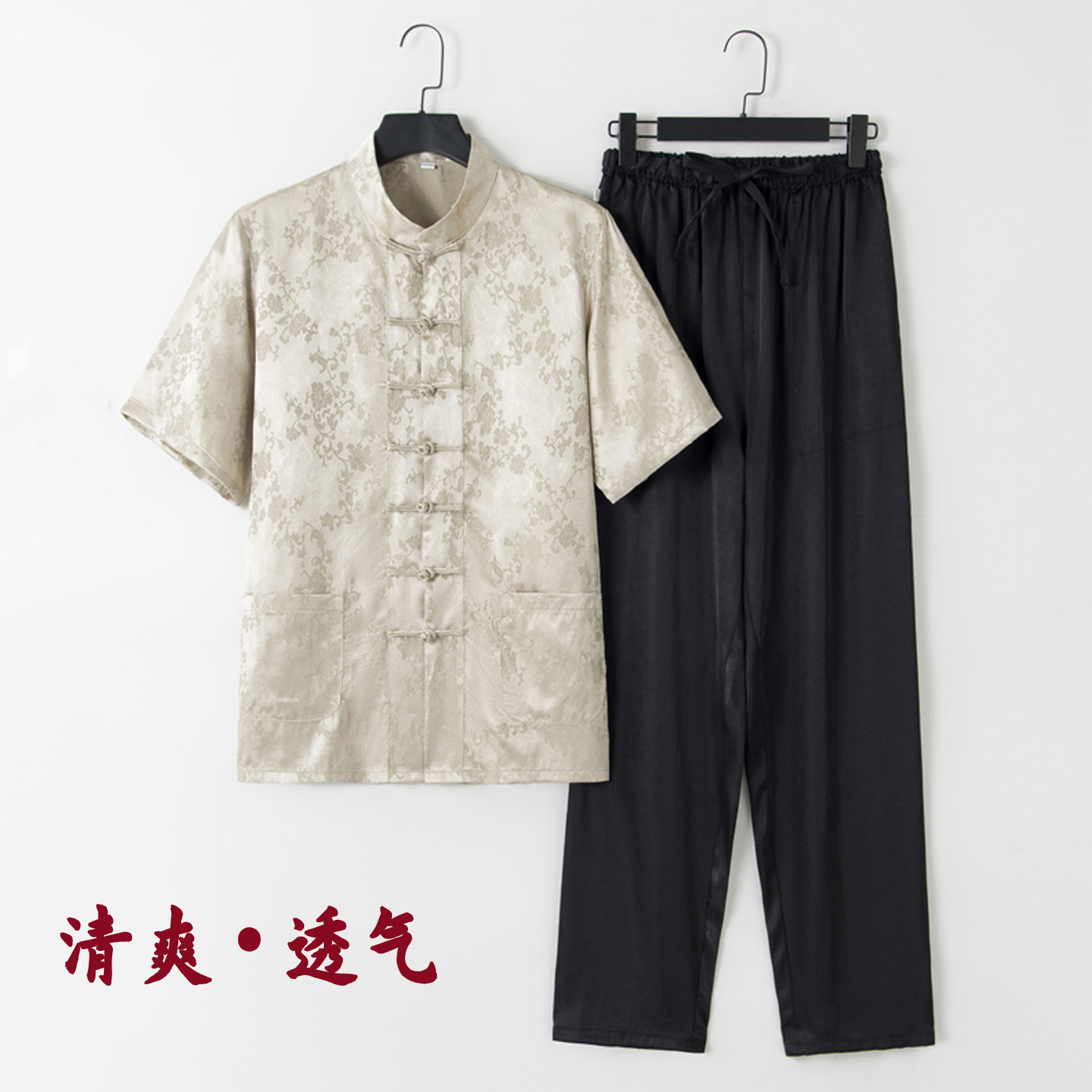 夏季短袖男中老年唐装套装