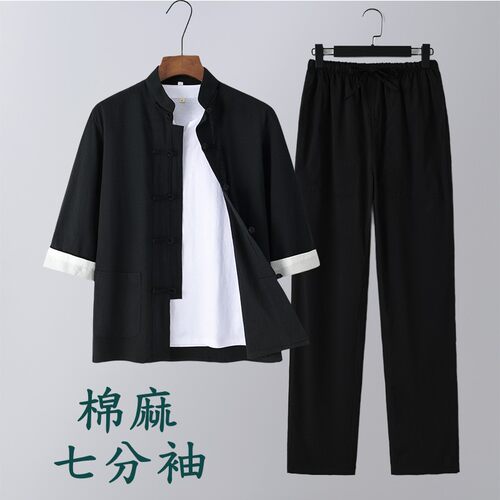 夏季中式棉麻7分袖三件套