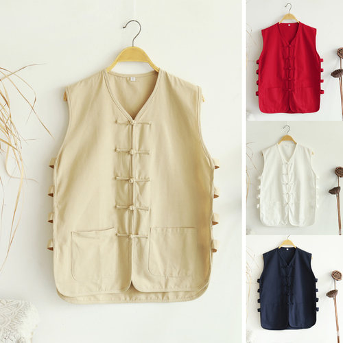 中式传统盘扣老粗布唐装马甲背心